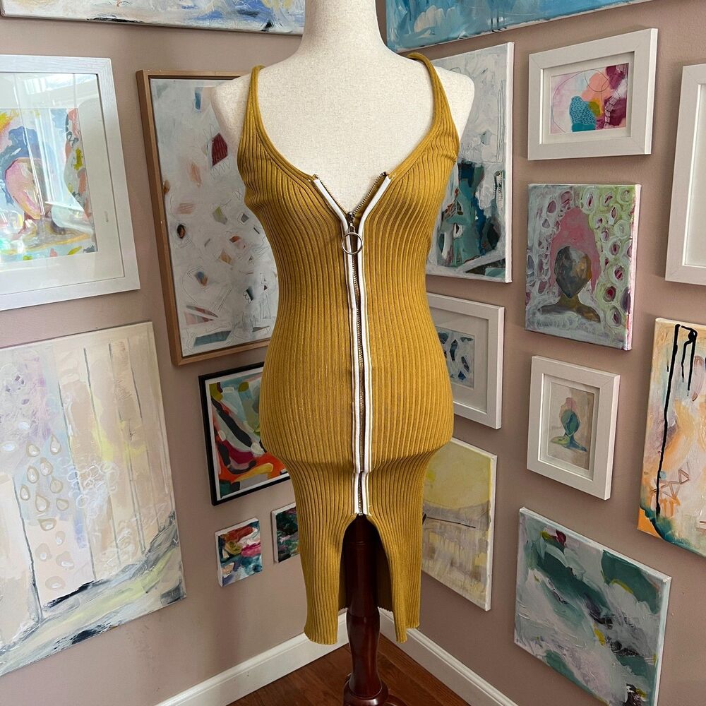 Say What Mustard Ribbed Zip Front Bodycon Midi Dress y2k S Going Out Festival